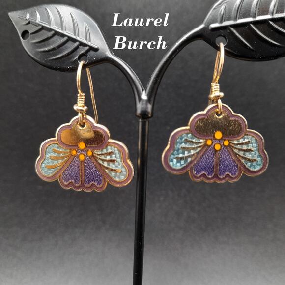 Vintage Laurel Burch Purple Orchid Earrings Gold Plate & Enamel